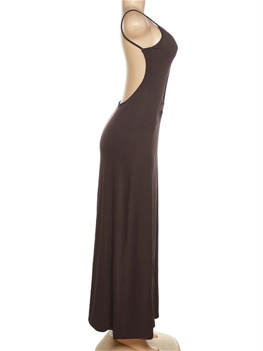 Vestido Longo Sexy Marrom Alcinha Vazado Frontal Decote nas Costas