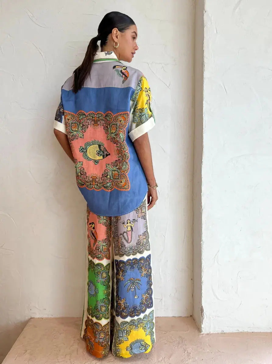 Conjunto Feminino Camisa Calça Estampado Kali