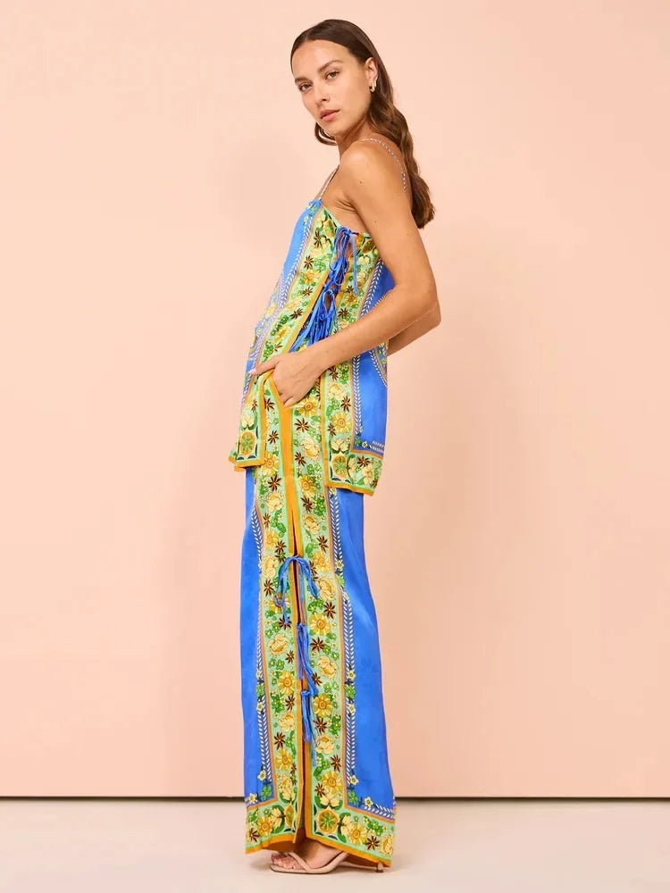 Conjunto Feminino Camiseta e Calça Estampado Seda Anika