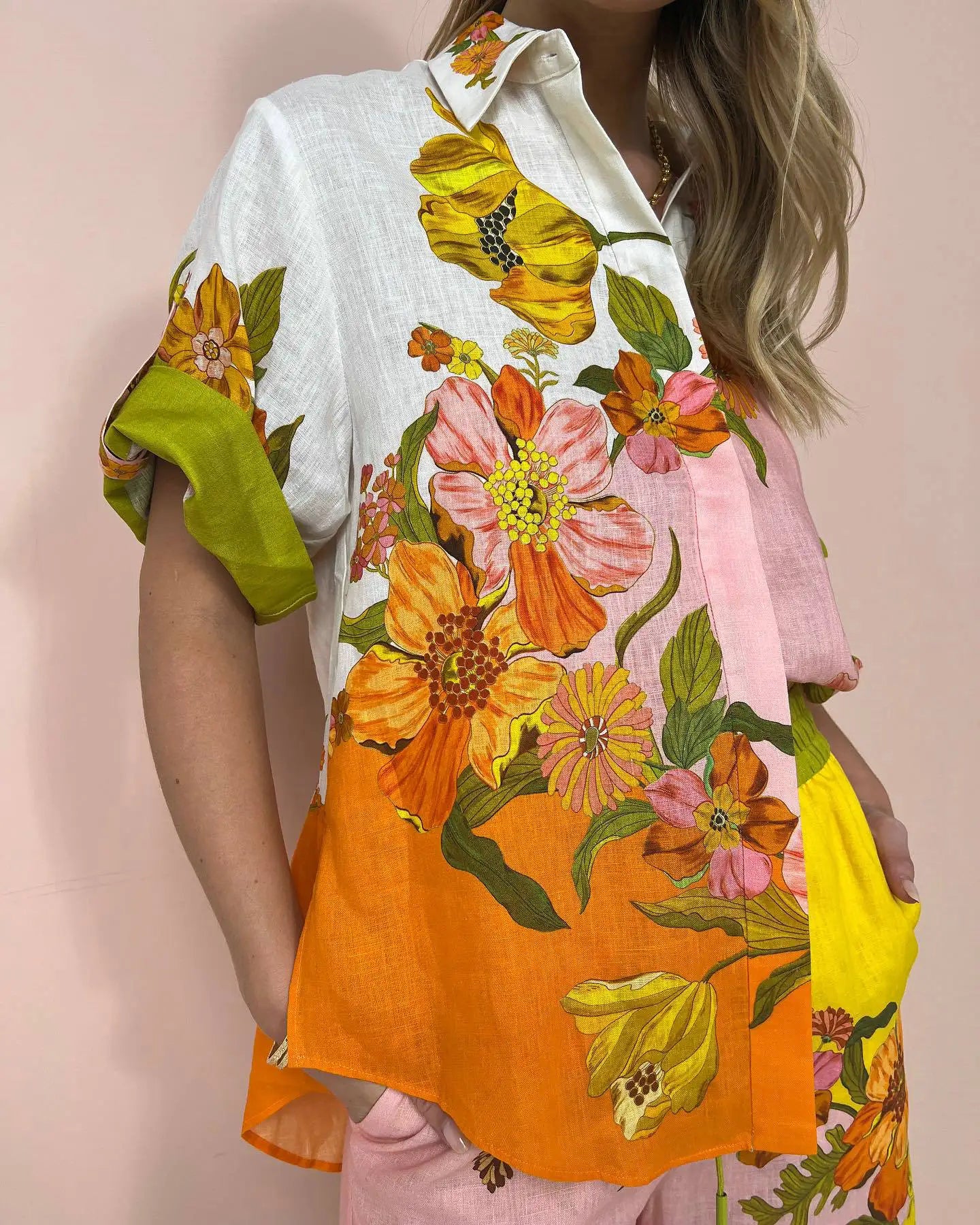 Conjunto Feminino Camisa Botão Calça Estampado Viola