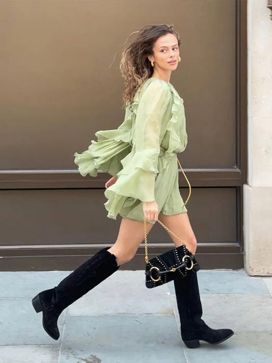 Vestido Curto Manga Longa Babados Boho Chic Verde