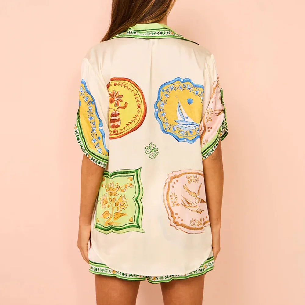 Conjunto Feminino Camisa Botão Short Estampado Rafaella