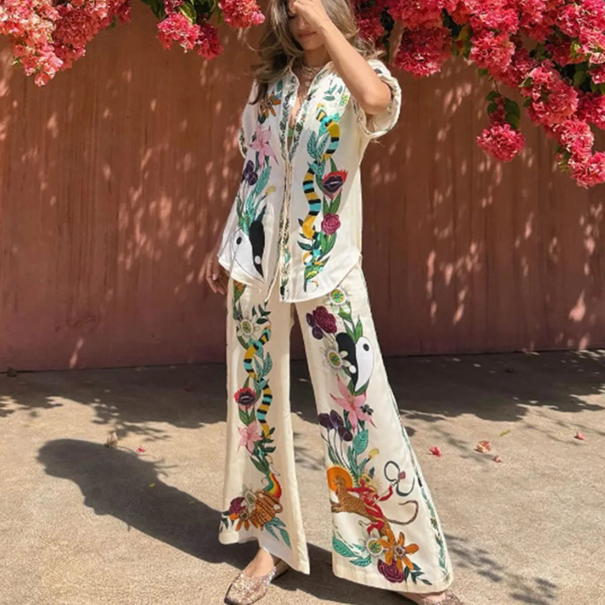 Conjunto Feminino Calça Camisa Toque de Seda Estampado Electra