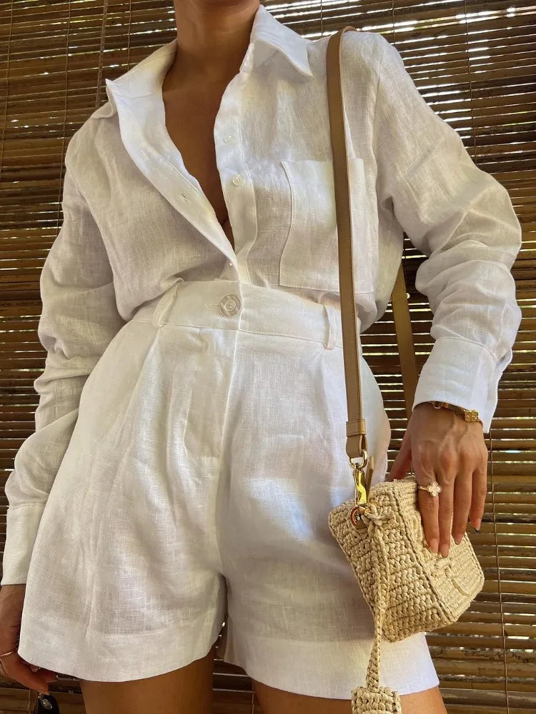 Conjunto Feminino Camisa Short Alfaiataria Viscolinho Bella