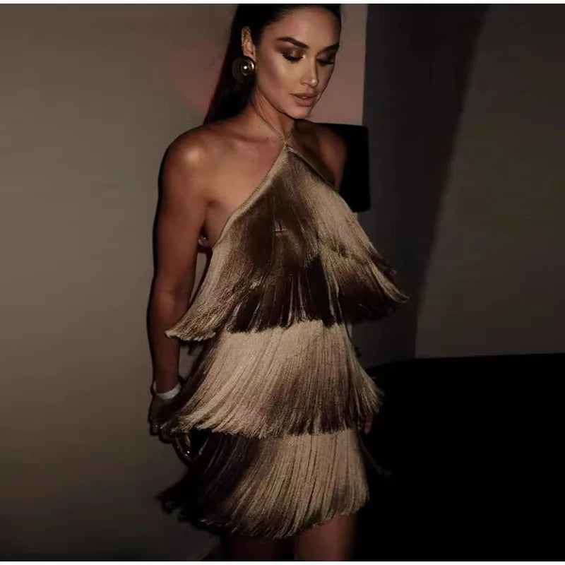 Vestido Curto Sexy Franjas Marrom Dourado