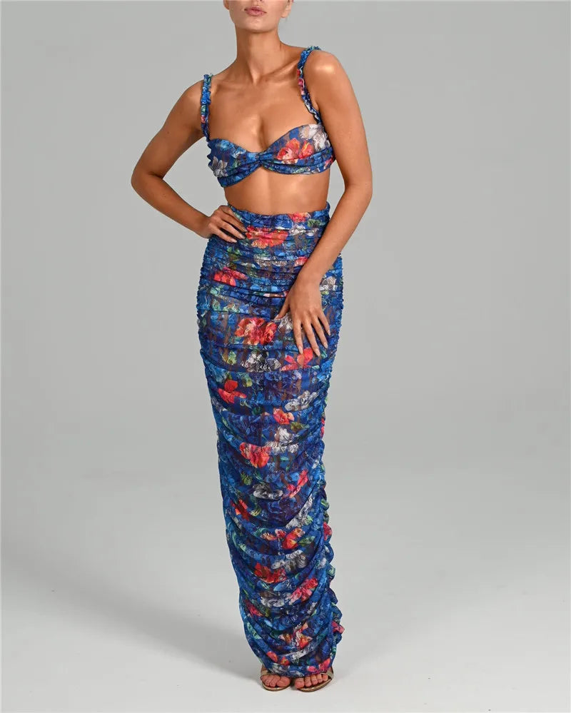 Conjunto Top e Saia Longa Estampado Tule Azul Blossom