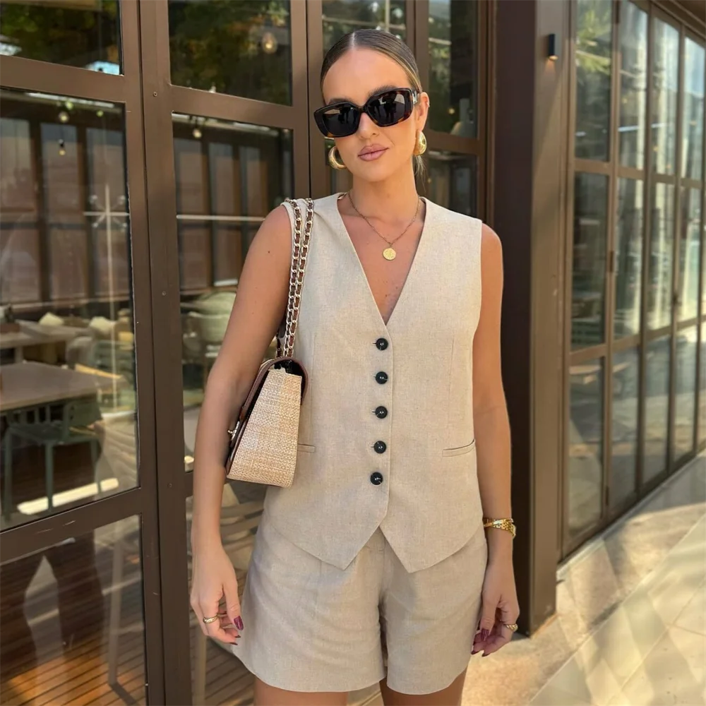 Conjunto Feminino Colete Short Alfaiataria Viscolinho Madri