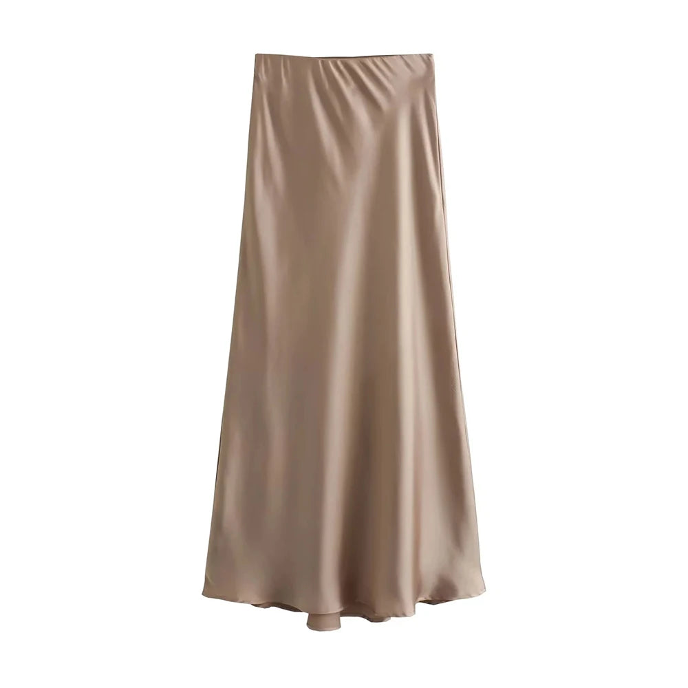 Saia Cetim Midi Toque de Seda Boho Chic