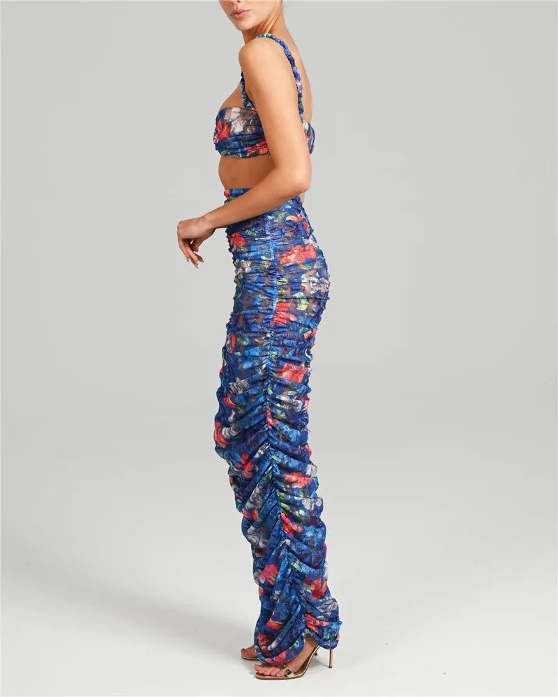 Conjunto Top e Saia Longa Estampado Tule Azul Blossom