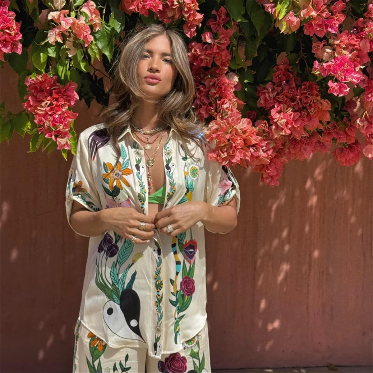 Conjunto Feminino Calça Camisa Toque de Seda Estampado Electra