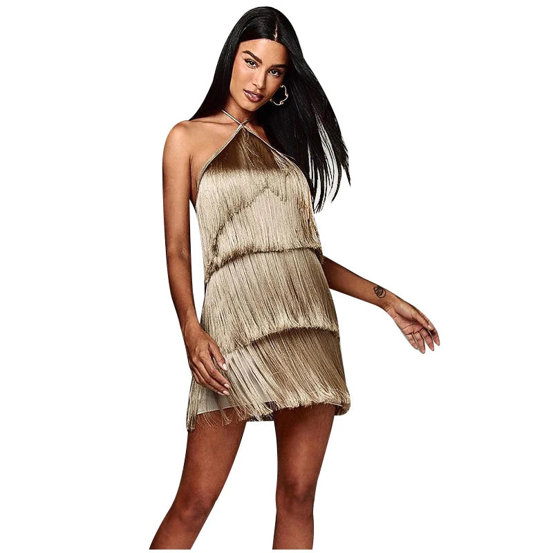 Vestido Curto Sexy Franjas Marrom Dourado