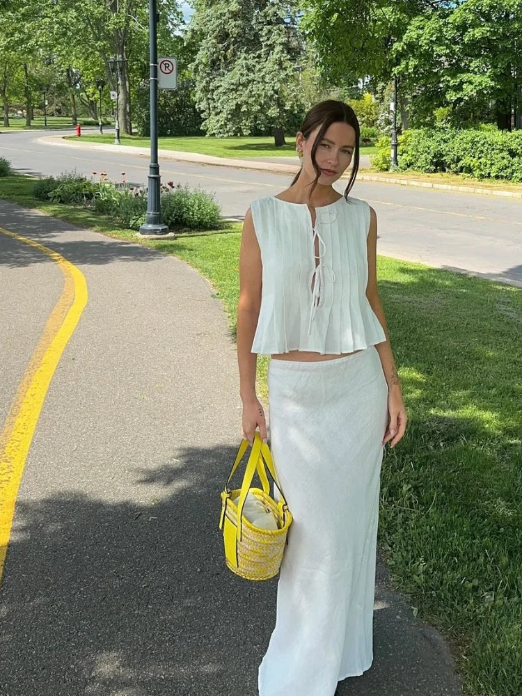 Conjunto Top Amarração Saia Longa Viscolinho Moretti