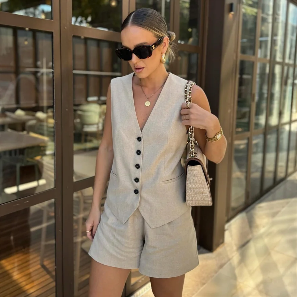 Conjunto Feminino Colete Short Alfaiataria Viscolinho Madri