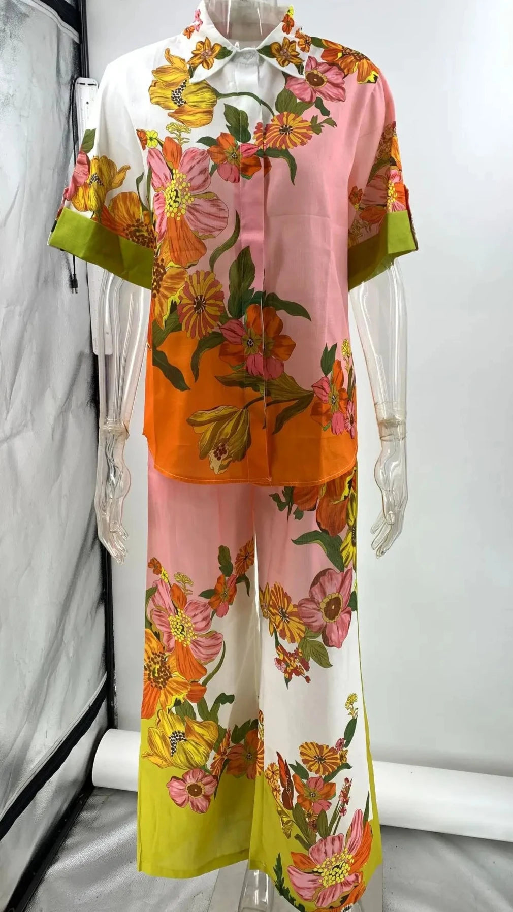 Conjunto Feminino Camisa Botão Calça Estampado Viola