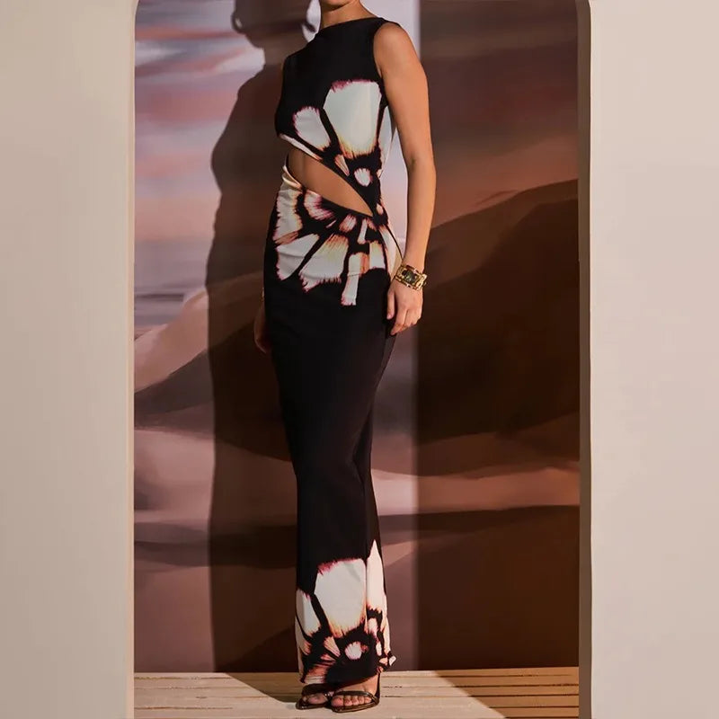 Vestido Sexy Longo Vazado Lateral Flores Antônia