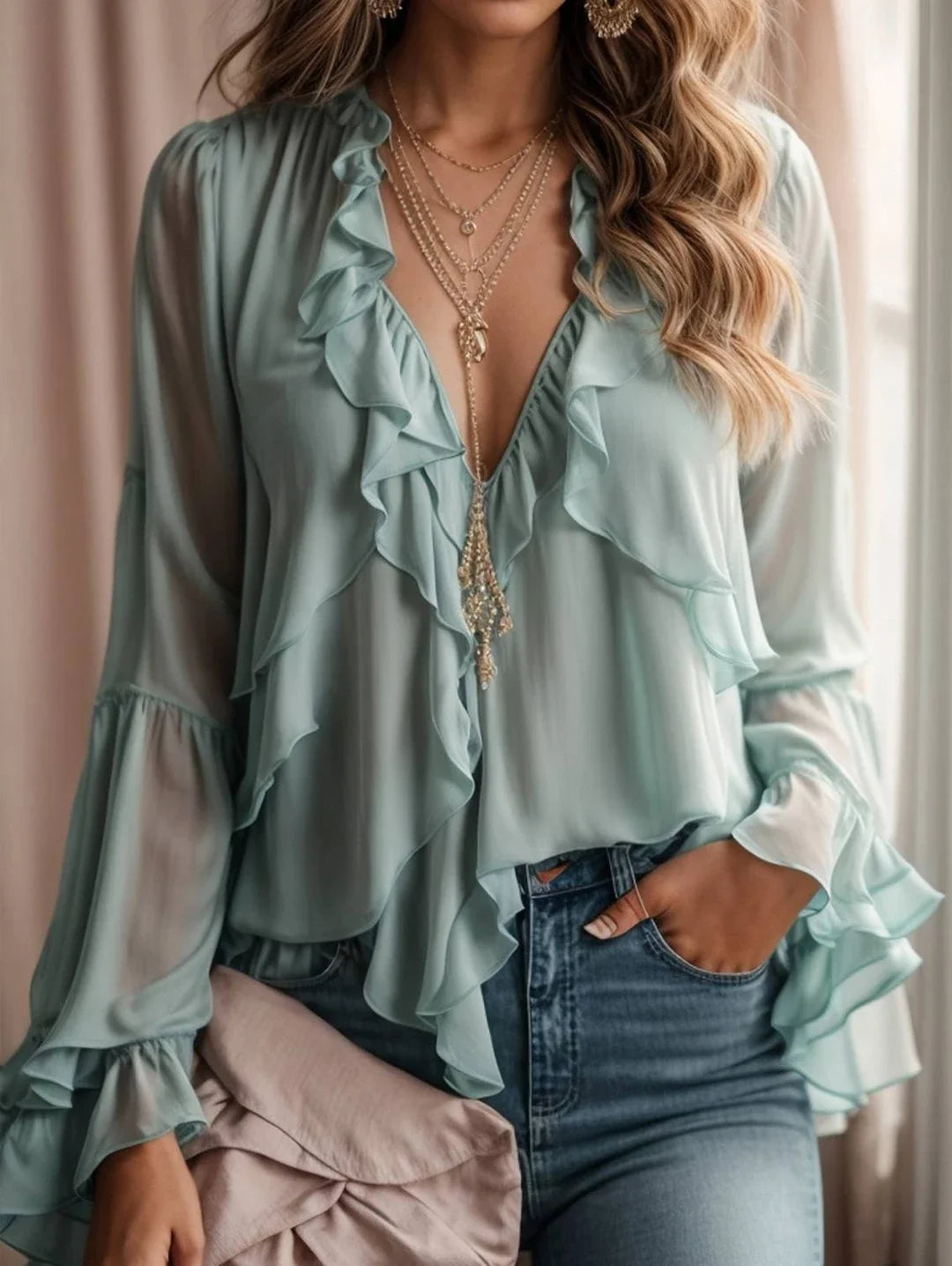 Blusa Feminina Flaire Babados Vintage Boho Chic Azul