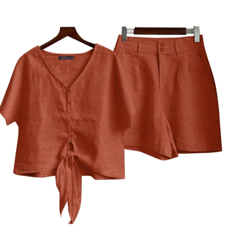 Conjunto Camisa Botão Short Elástico Viscolinho Millos