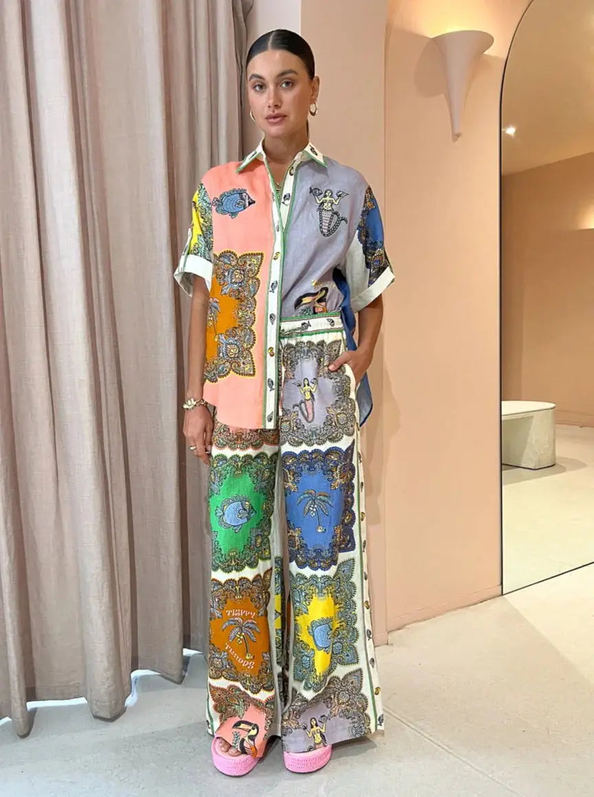 Conjunto Feminino Camisa Calça Estampado Kali