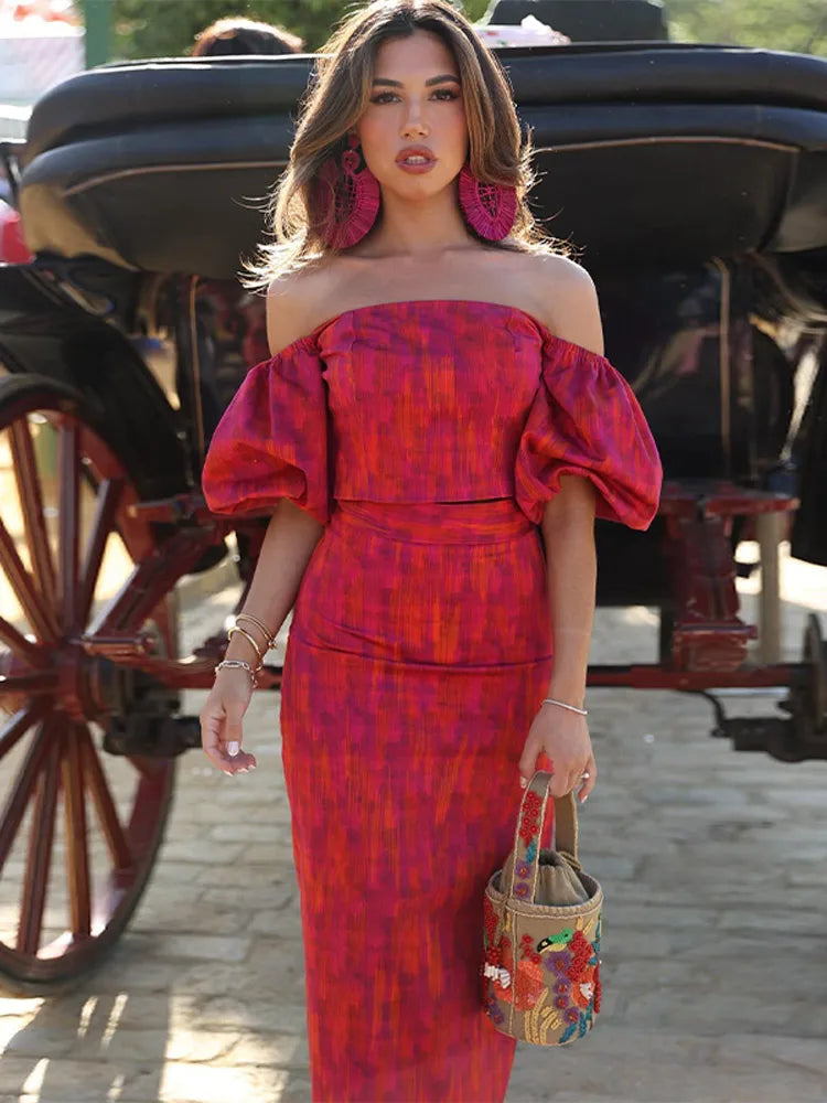 Conjunto Blusa Tomara Que Caia Bufante Saia Longa Estampada Bellmonte