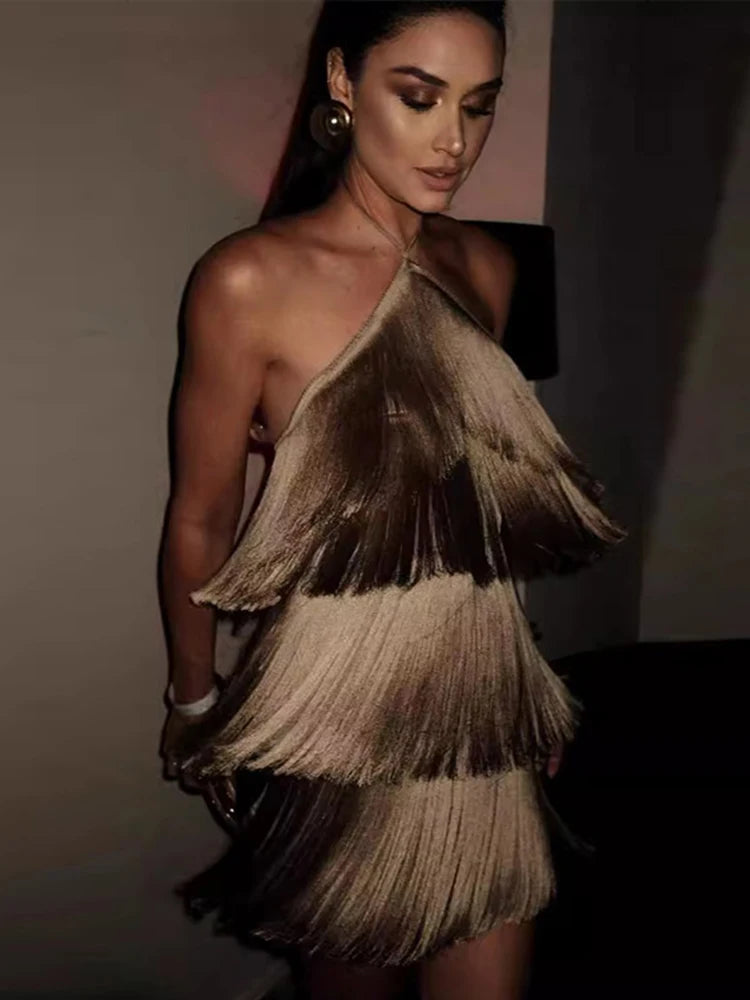 Vestido Curto Sexy Franjas Marrom Dourado