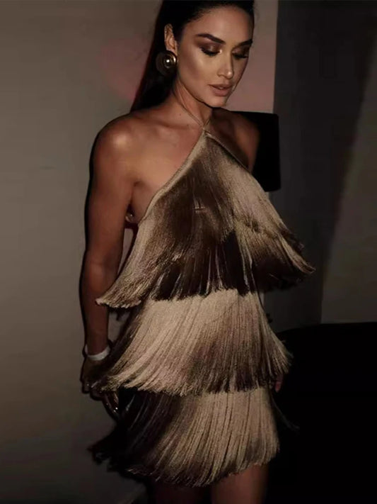 Vestido Curto Sexy Franjas Marrom Dourado