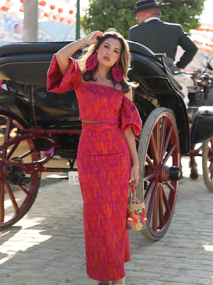 Conjunto Blusa Tomara Que Caia Bufante Saia Longa Estampada Bellmonte