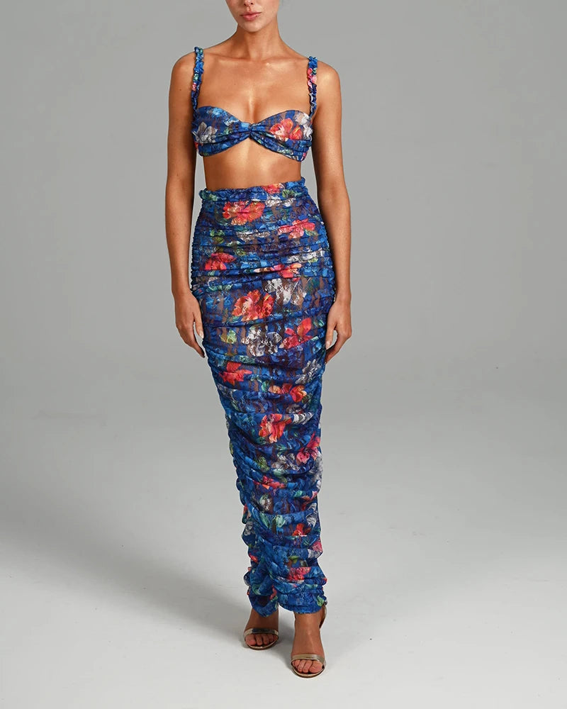 Conjunto Top e Saia Longa Estampado Tule Azul Blossom