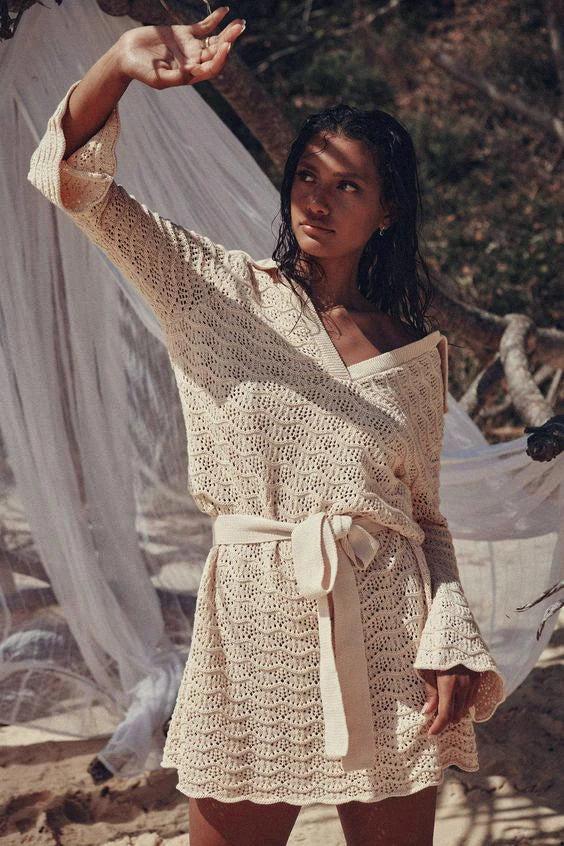 Vestido Curto Tricô Amarração Boho Chic
