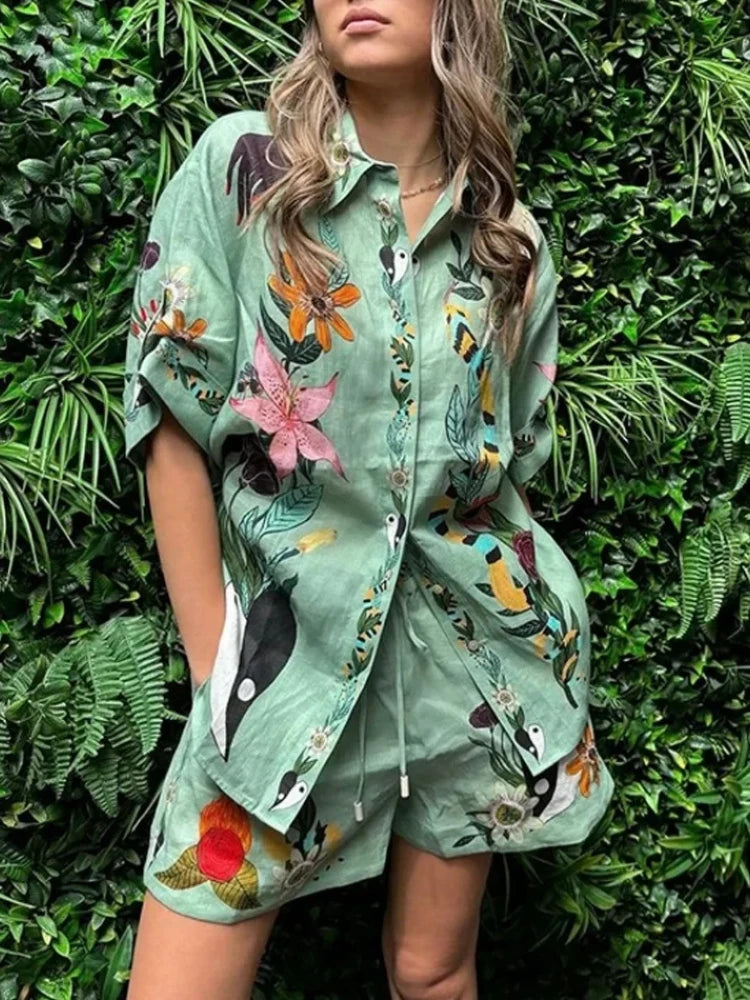 Conjunto Feminino Camisa Short Estampado Electra Green