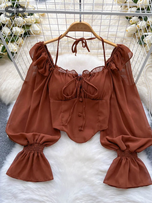 Blusa Manga Flaire Vintage Corset Amarração