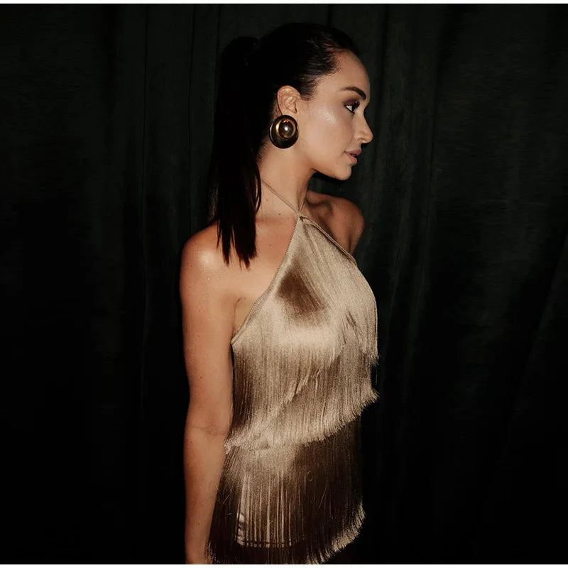 Vestido Curto Sexy Franjas Marrom Dourado