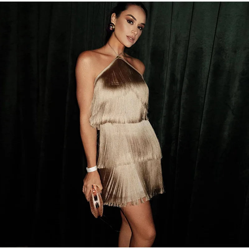 Vestido Curto Sexy Franjas Marrom Dourado