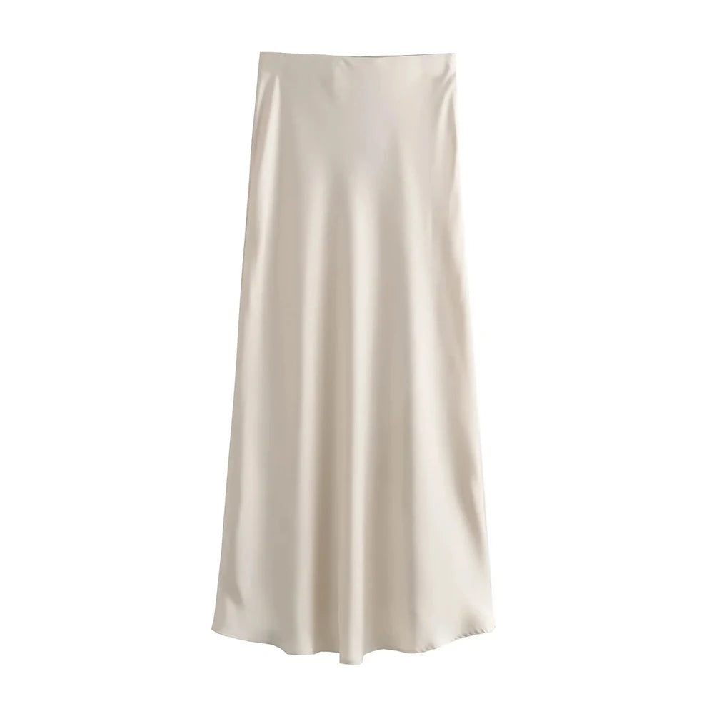 Saia Cetim Midi Toque de Seda Boho Chic