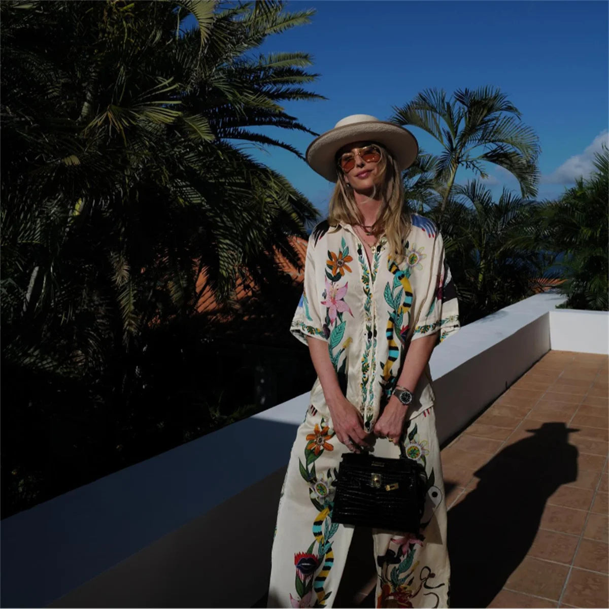 Conjunto Feminino Calça Camisa Toque de Seda Estampado Electra