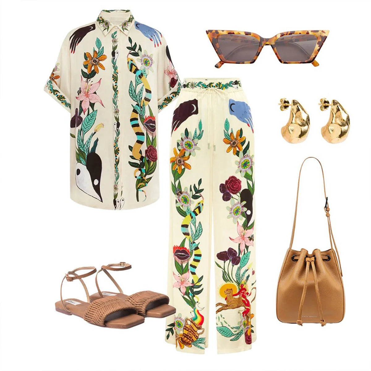 Conjunto Feminino Calça Camisa Toque de Seda Estampado Electra