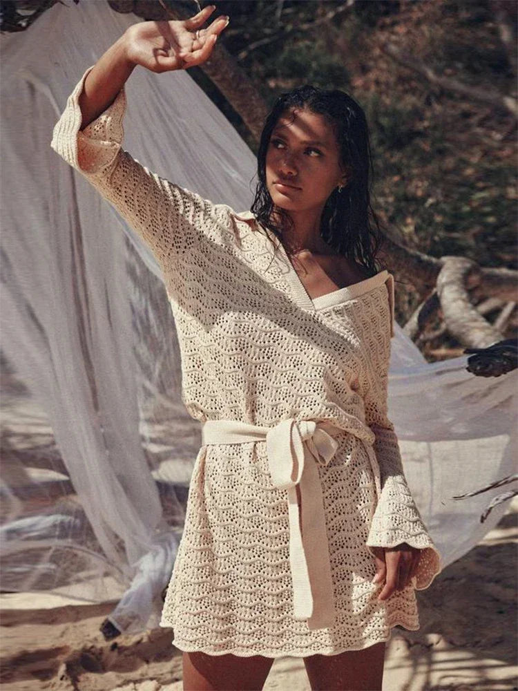Vestido Curto Tricô Amarração Boho Chic