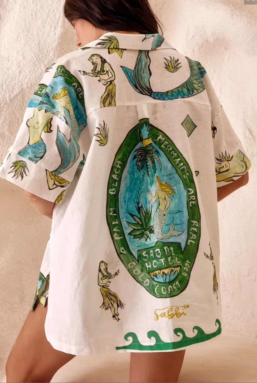 Conjunto Feminino Camisa Botão Short Estampado Sirena