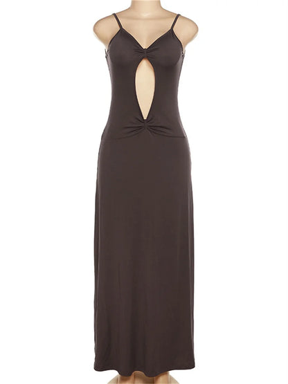 Vestido Longo Sexy Marrom Alcinha Vazado Frontal Decote nas Costas