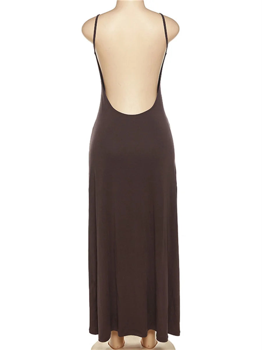 Vestido Longo Sexy Marrom Alcinha Vazado Frontal Decote nas Costas