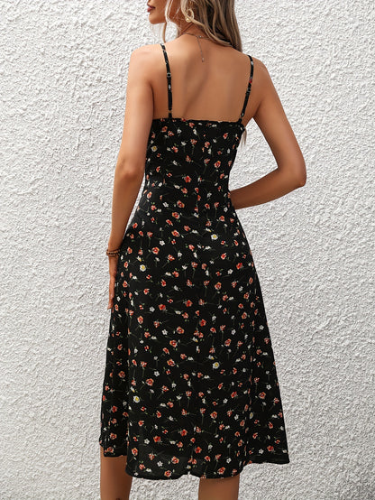 Vestido Romana Floral Alcinha Fenda Lateral Preto