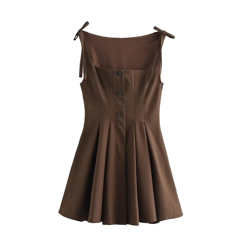 Vestido Curto Xadrez Marrom Botões Amarração Vintage