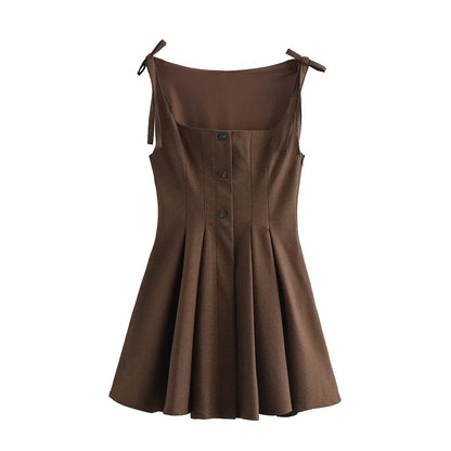 Vestido Curto Xadrez Marrom Botões Amarração Vintage