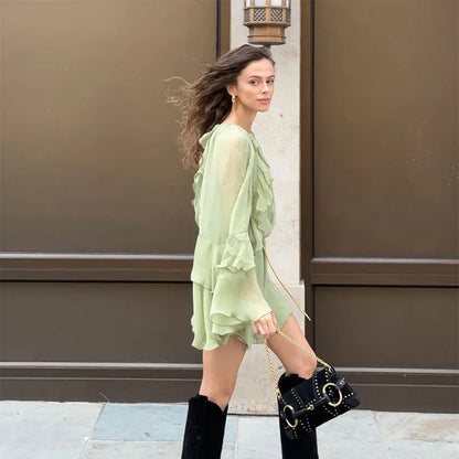 Vestido Curto Manga Longa Babados Boho Chic Verde