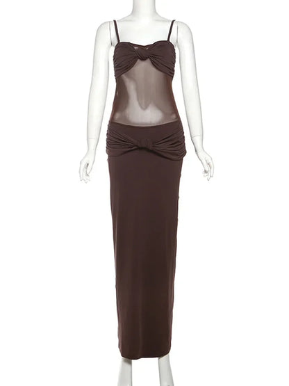 Vestido Longo Sexy Marrom Alcinha Transparência Mocha Mousse
