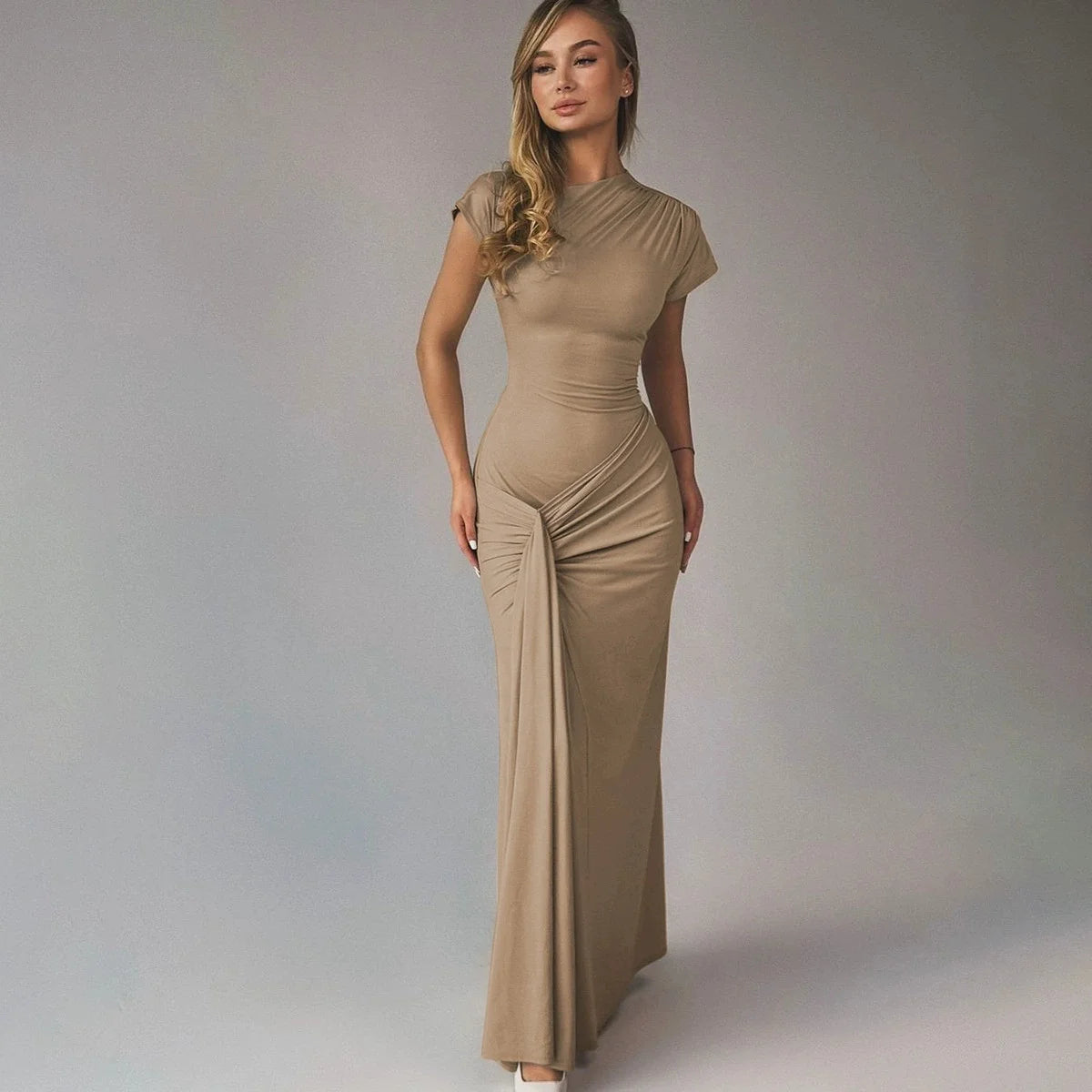 Vestido Longo Luxo Drapeado Frontal Amarração nas Costas