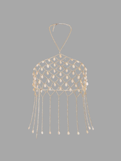 Sexy Metal Sea Shell Tassel Bra Chest Chain Necklace for Women Simple Copper Link Chain Bikini Beach Body Jewelry Accessories