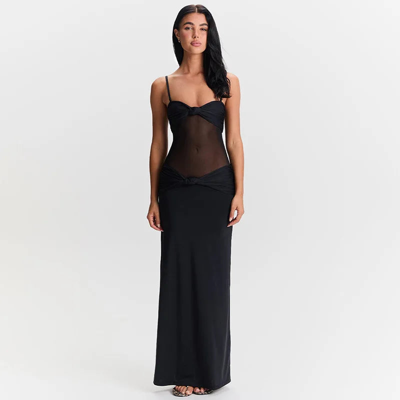 Vestido Longo Sexy Marrom Alcinha Transparência Mocha Mousse
