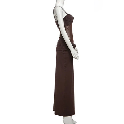 Vestido Longo Sexy Marrom Alcinha Transparência Mocha Mousse