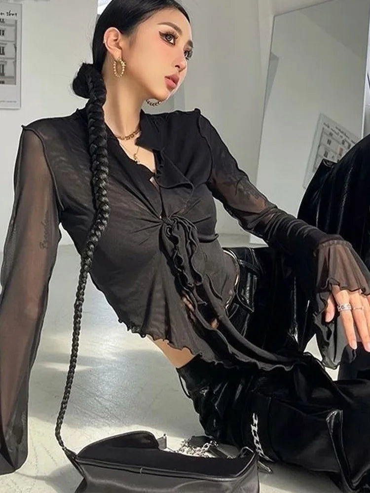 Blusa Feminina Flaire Vintage Boho Chic Amarração Frontal Transparente