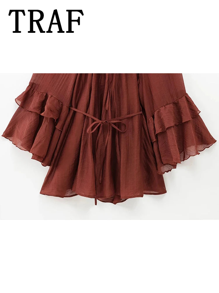 TRAF Womens Dresses Ruffles Long Sleeve Tied Mini Dress Women Semi-transparent Sexy Dress Spring Elegant Party Dresses Woman ﻿